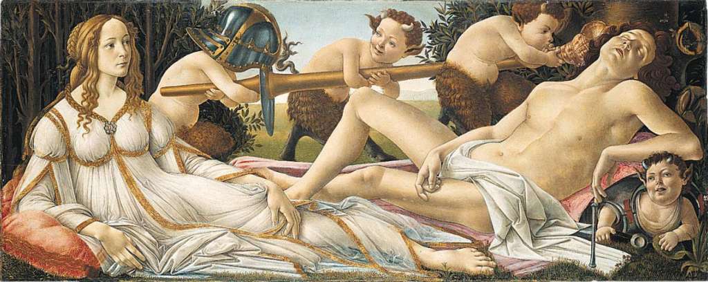 London National Gallery Top 20 04 Sandro Botticelli - Venus and Mars Sandro Botticelli - Venus and Mars, about 1485, 69 � 173 cm. Mars, the god of war, has been conquered by Venus, the goddess of love. Here Mars is asleep and unarmed, while Venus is awake and alert. The meaning of the picture is that love conquers war, or love conquers all. Reclining on the ground, the handsome youth has fallen asleep. Naked and robbed of all his weapons, which are now in the hands of the fauns in the middle ground, he embodies a beautiful ideal from whose mind all thoughts of war are banished. Venus, on the other hand, richly dressed like a young woman from a distinguished family and thereby removed from the context of eroticism, remains alert and in the way symbolizes the permanence of peace. Equally balanced, Venus and Mars are virtually mirror images of each other. They establish the shape of an inverted triangle which is concluded at the top by the three fauns with the lance.